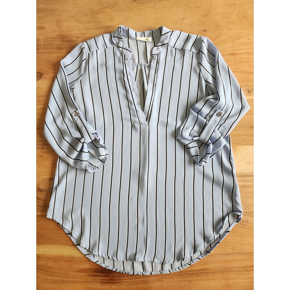 Lush Light Blue Black Striped Roll-Tab Sleeve Blouse Women's Large Office Siren